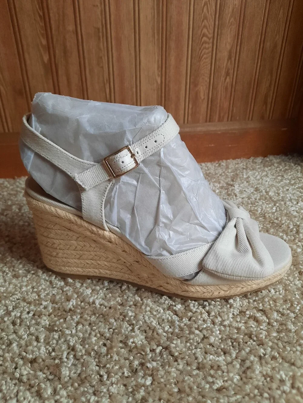 🛍 NIB Life Stride Tahlia Bone Canvas Ankle Strap Bow Espadrille Wedges Size 7